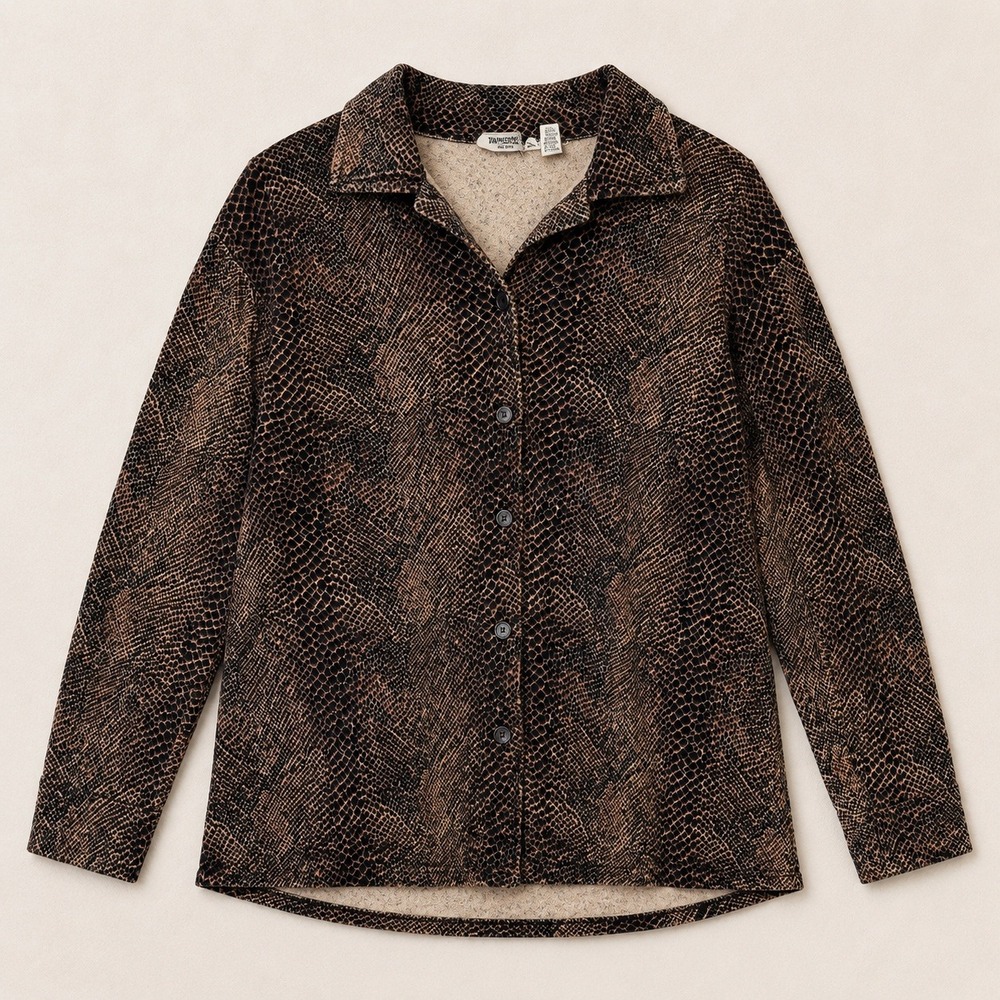 Vtg Grunge Velvet Fleece Animal Leopard Snake Print Brown Shacket Shirt Cotton L